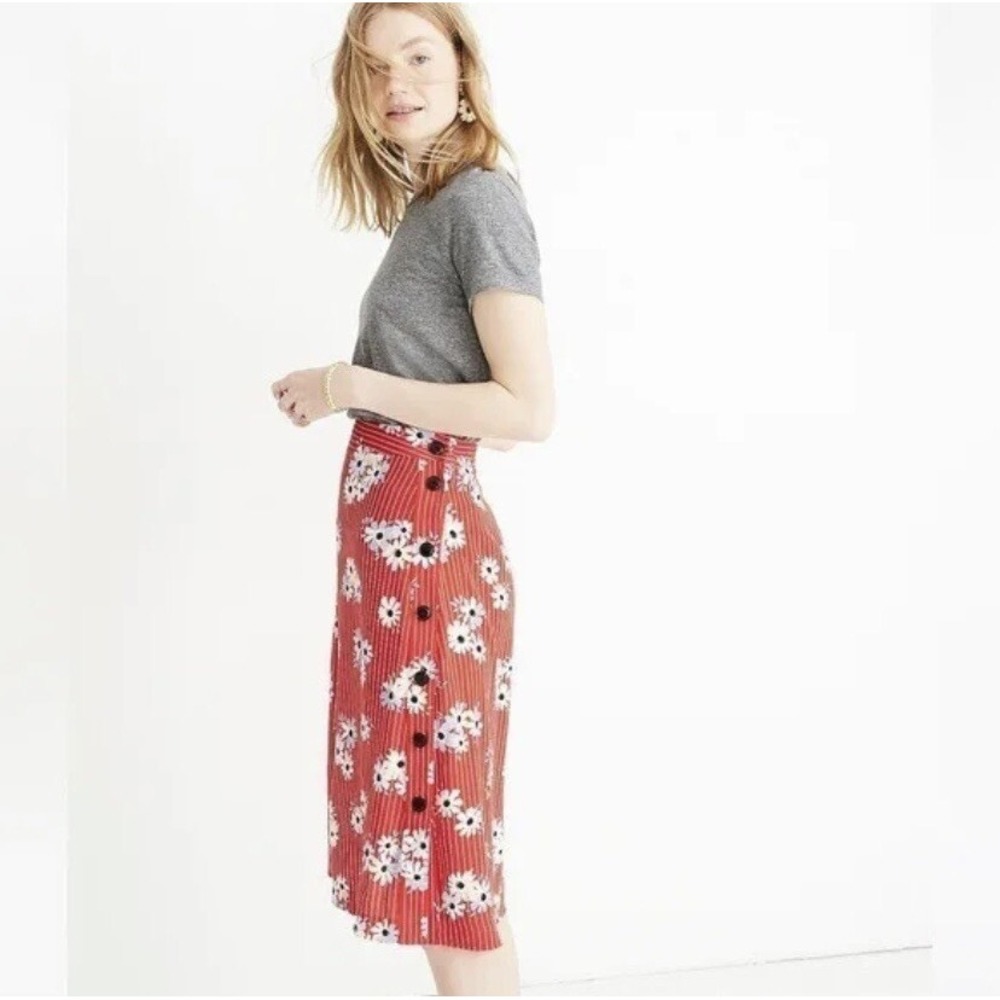 Madewell Skirt Womens 0 Side Button Daisy Society Retro Stripe Red Floral Size 4 - Picture 14 of 14